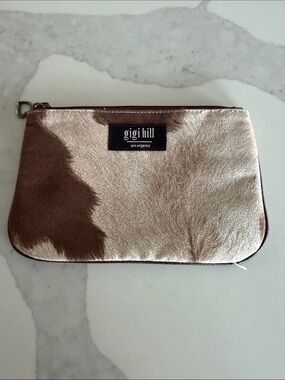 gigi hill faux Cowhide Zip Pouch in Champagne and Brown. Heart pendant Zipper